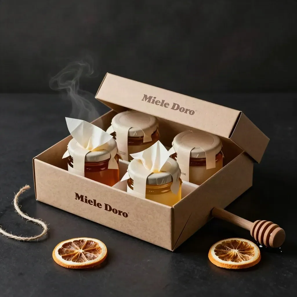 Scatola kraft aperta con quattro mini vasetti di miele, tessuto crema e agrumi essiccati.