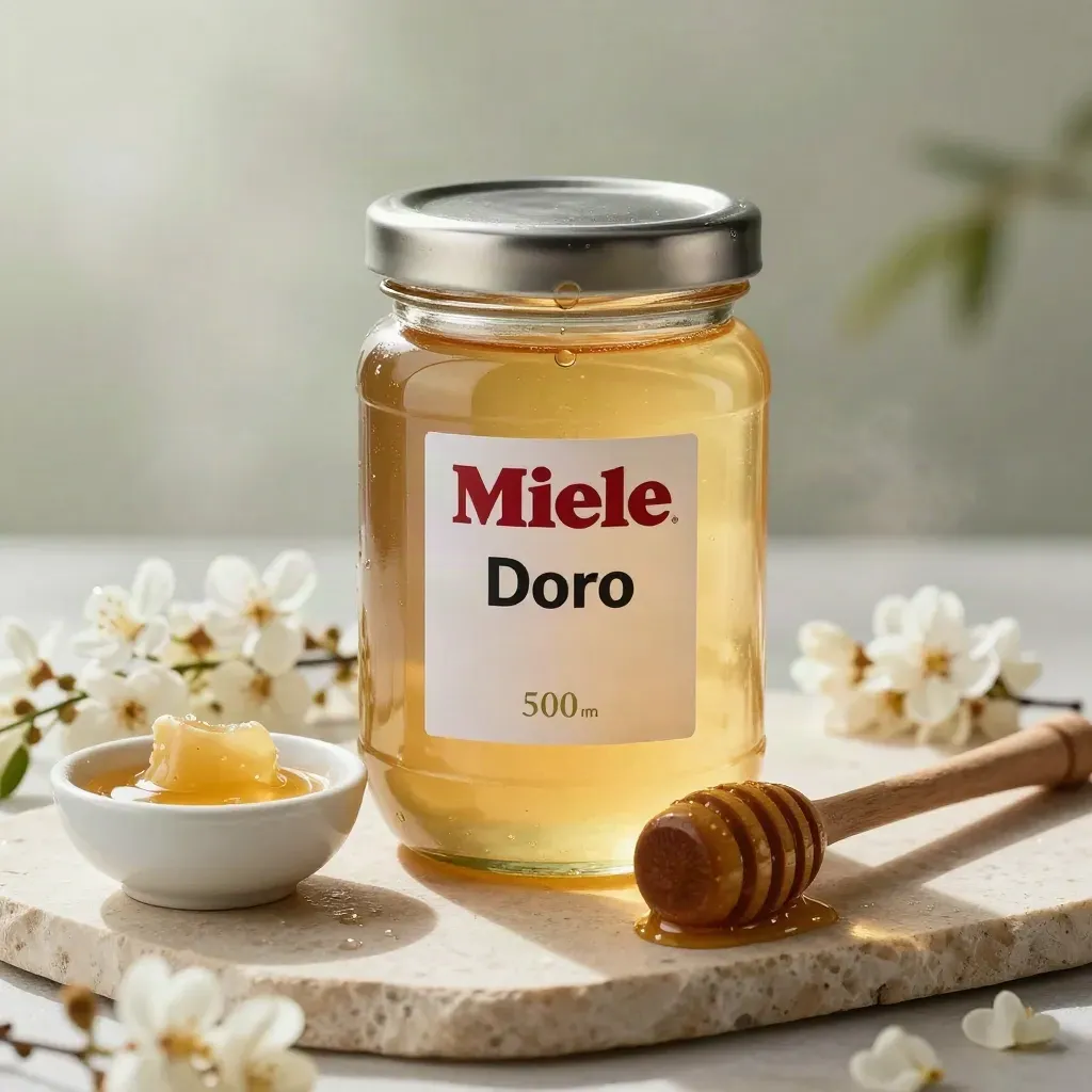 Vasetto di miele di acacia con fiori d’acacia, cucchiaino in legno e ciotola crema su pietra chiara.