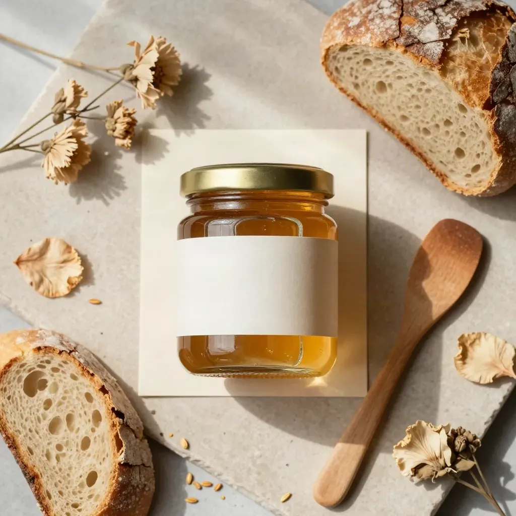 Vasetto di miele millefiori con pane rustico, fiori secchi e spatolina su lastra chiara.