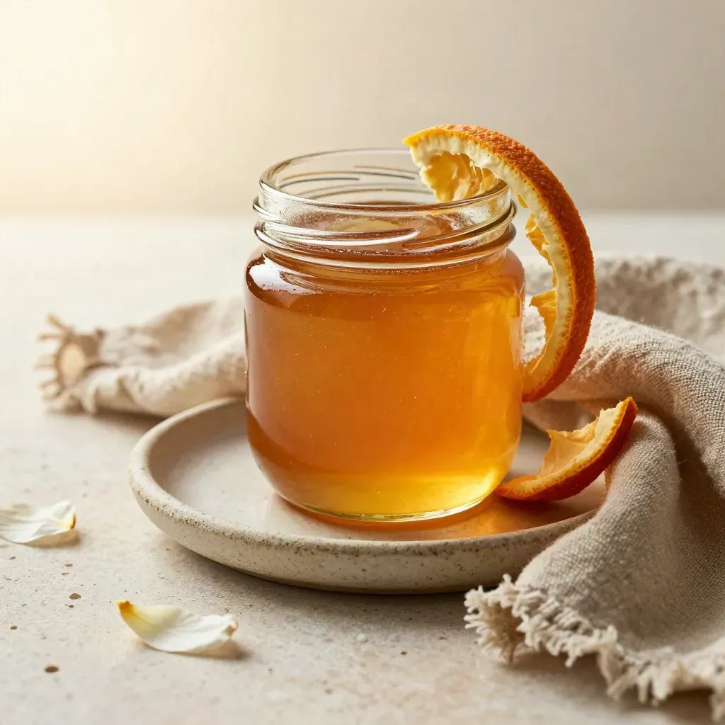 Vasetto di miele di arancio con scorza essiccata, petali chiari e lino sabbia su ceramica grezza
