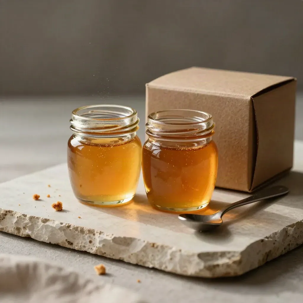 Due vasetti di miele da assaggio con scatola kraft, cucchiaini e briciole di pane su fondo chiaro.