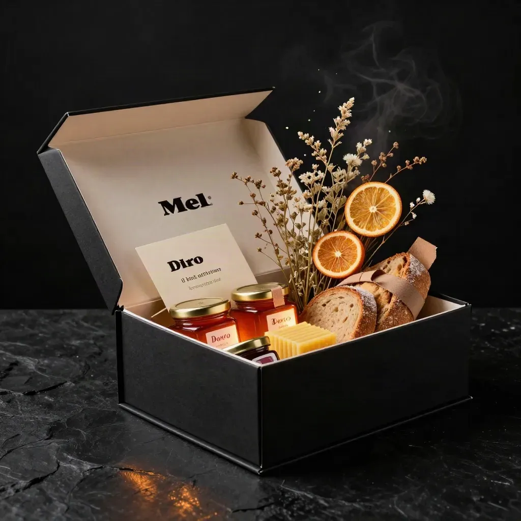 Box regalo aperta con miele, cera d’api, fiori secchi, agrumi e pane su sfondo scuro.