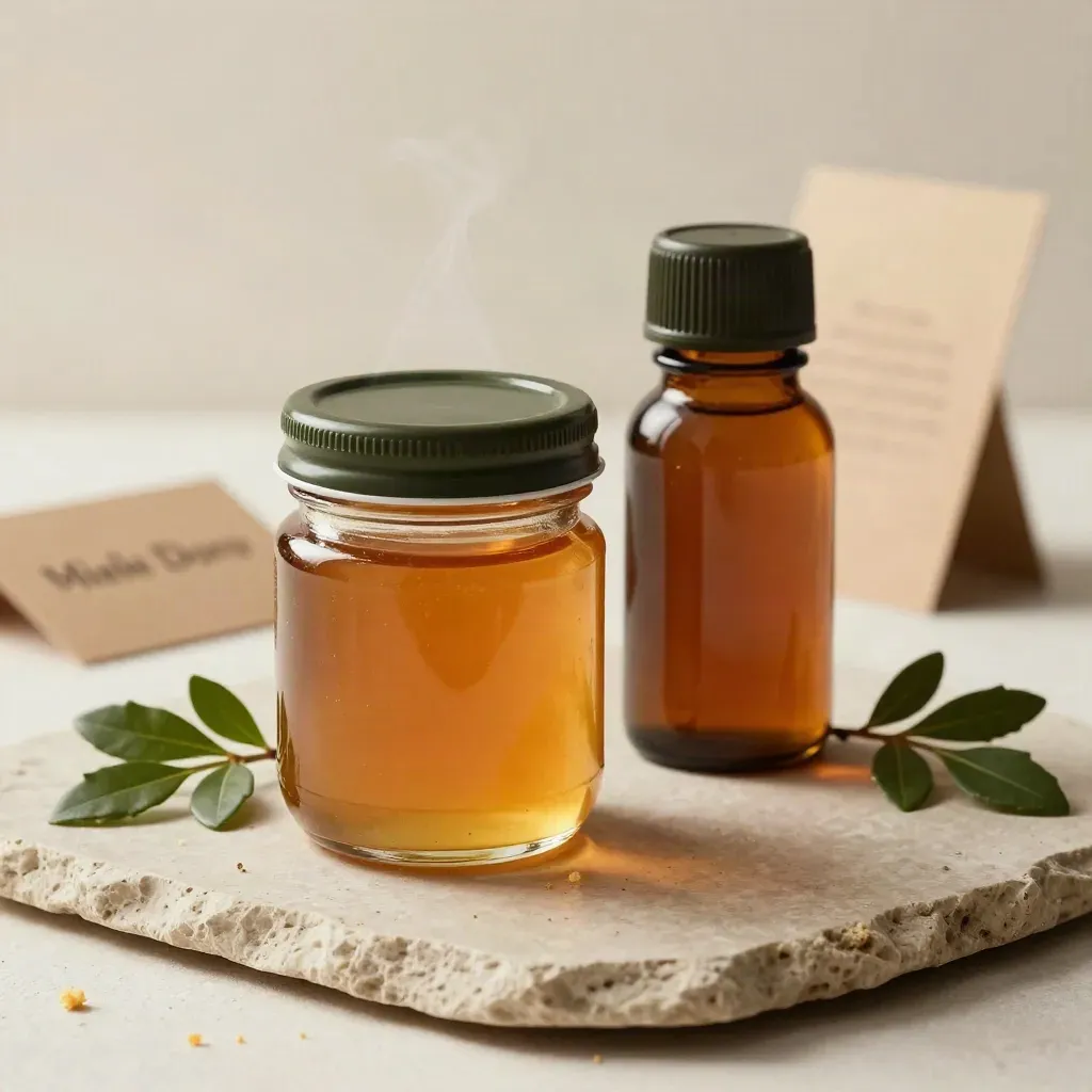 Vasetto di miele e flacone di propoli su ardesia chiara con foglie verdi e cera.