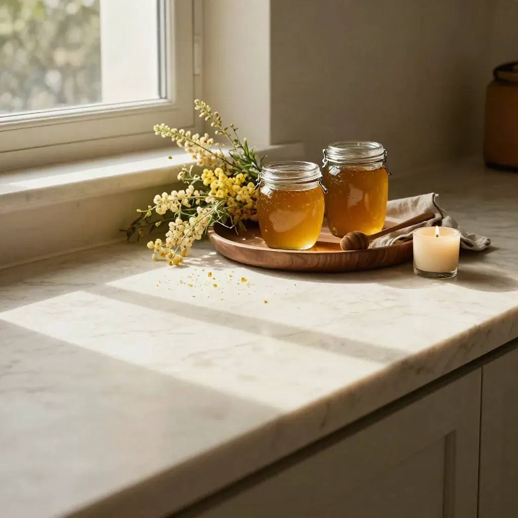 Cucina crema con miele sfocato e fiori di campo in alto, luce mattutina morbida.