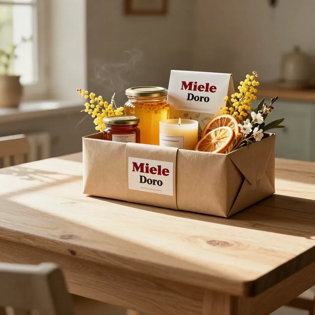 Cesto regalo in kraft con miele, agrumi secchi e fiori essiccati su tavolo di legno chiaro