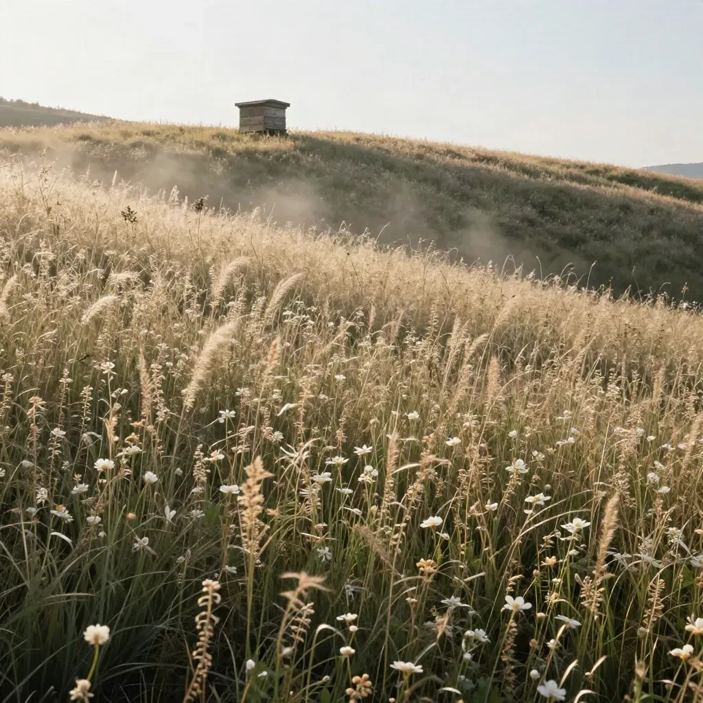 Paesaggio collinare con prato fiorito, alveare sfocato e cielo chiaro, luce morbida.
