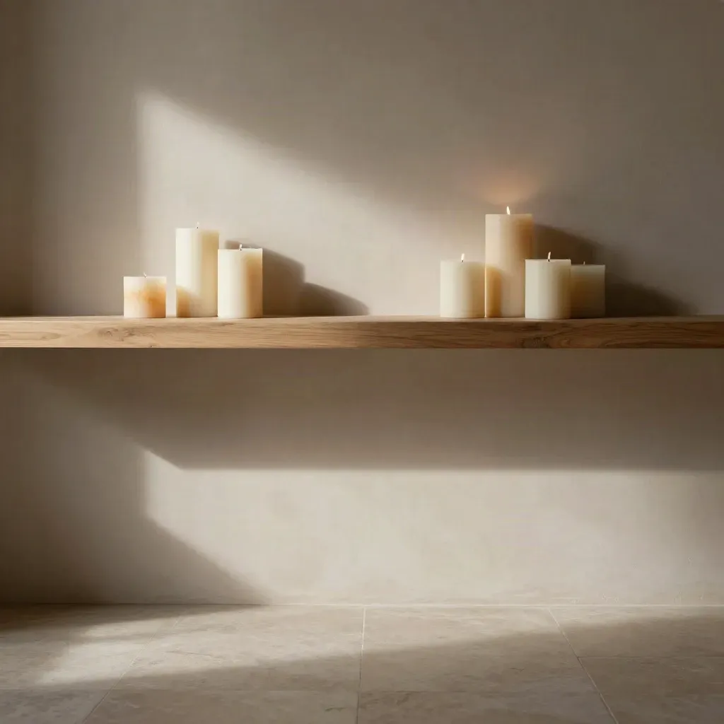 Interno artigianale con candele in cera d’api, luce calda e pavimento calmo per il testo.